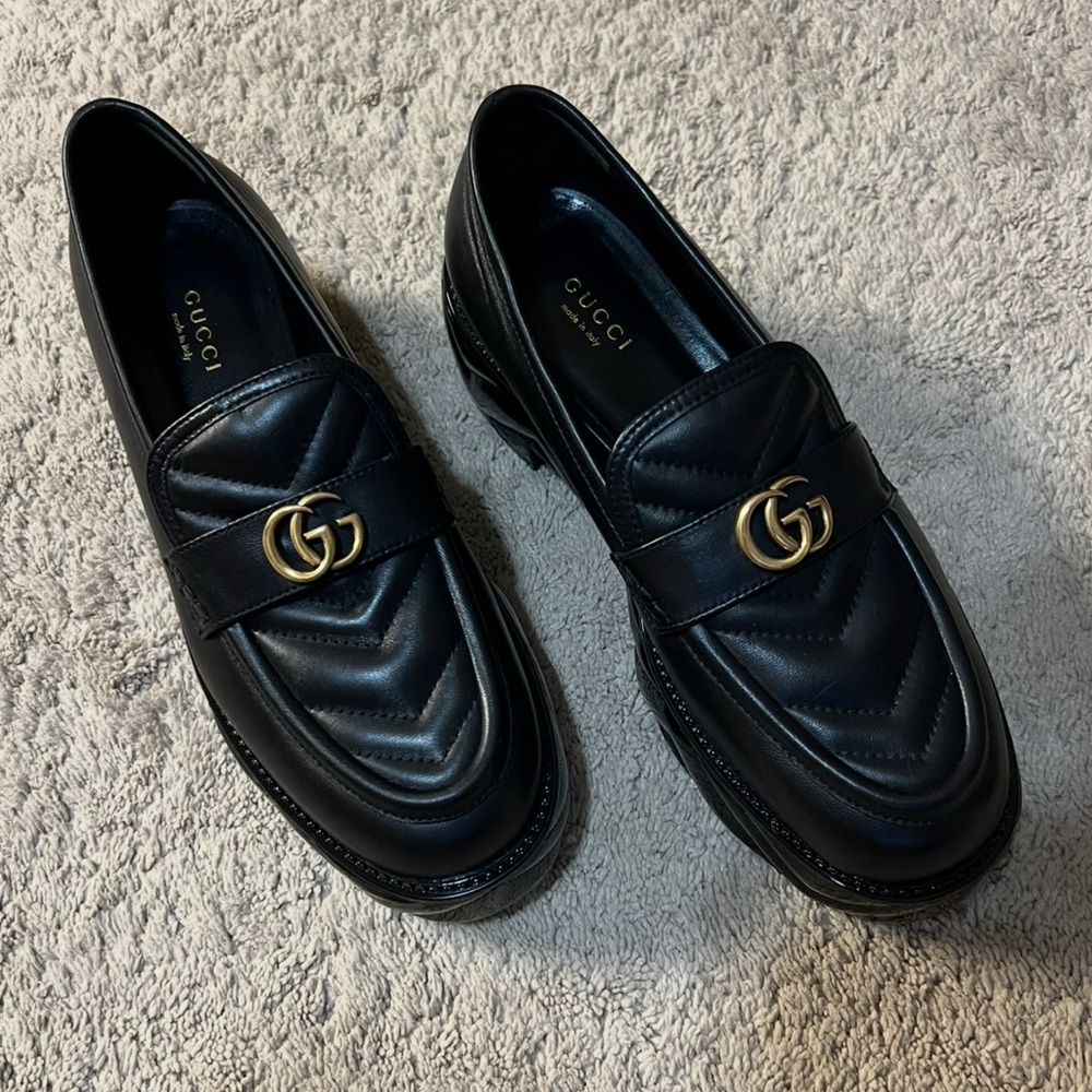 Gucci GG Marmont Matelasse Platform Quilted Chevron Jordaan Loafers.